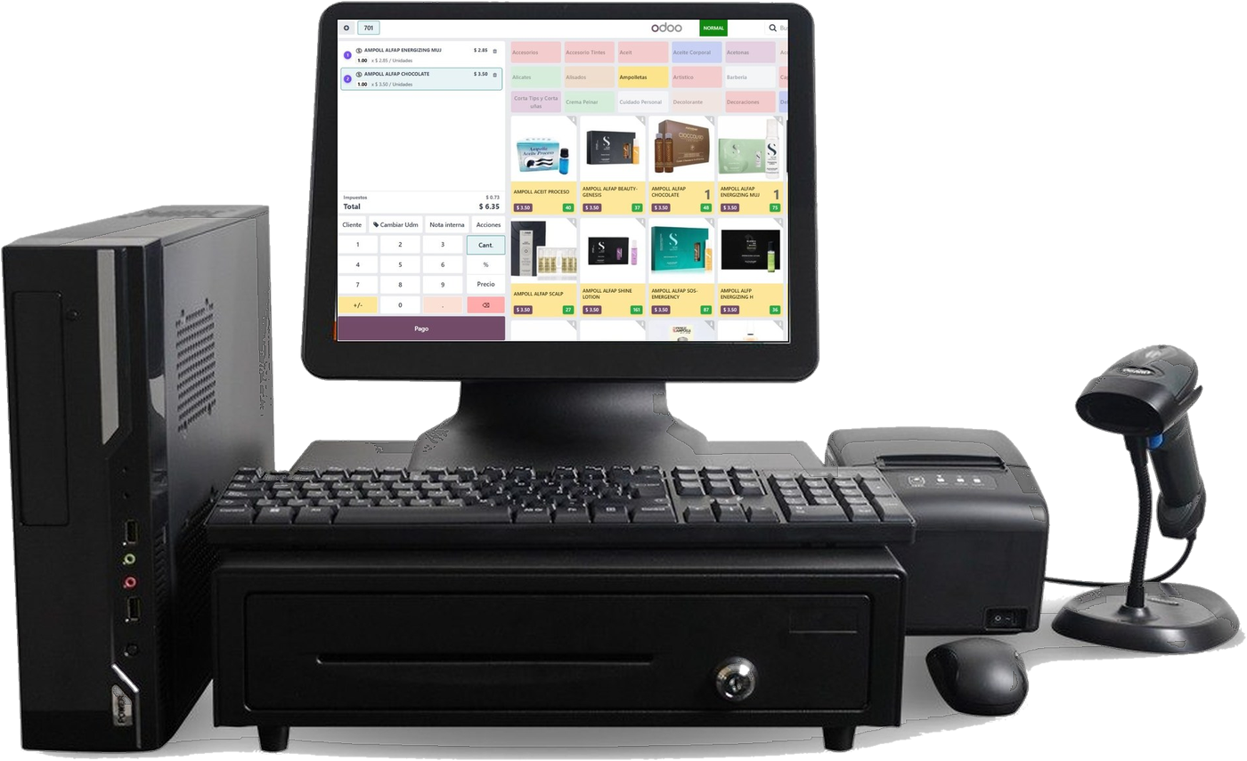 Kit punto de venta: computadora, monitor con Odoo, impresora, cajón y lector