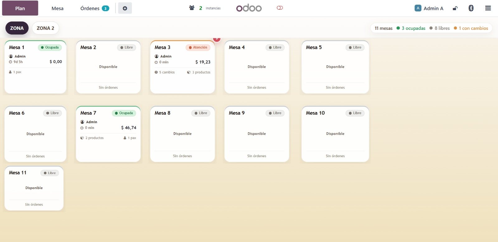 Mesas y zonas (restaurantes) en Odoo